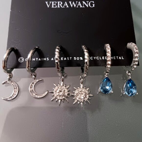 VERA WANG 3pc Rocker Chic Moon/Star/Teardrop Clear & Blue Crystal Hoop Earrings - Picture 3 of 5